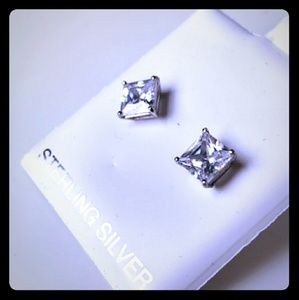Sterling Silver Stud Square Earrings Diamond CZ